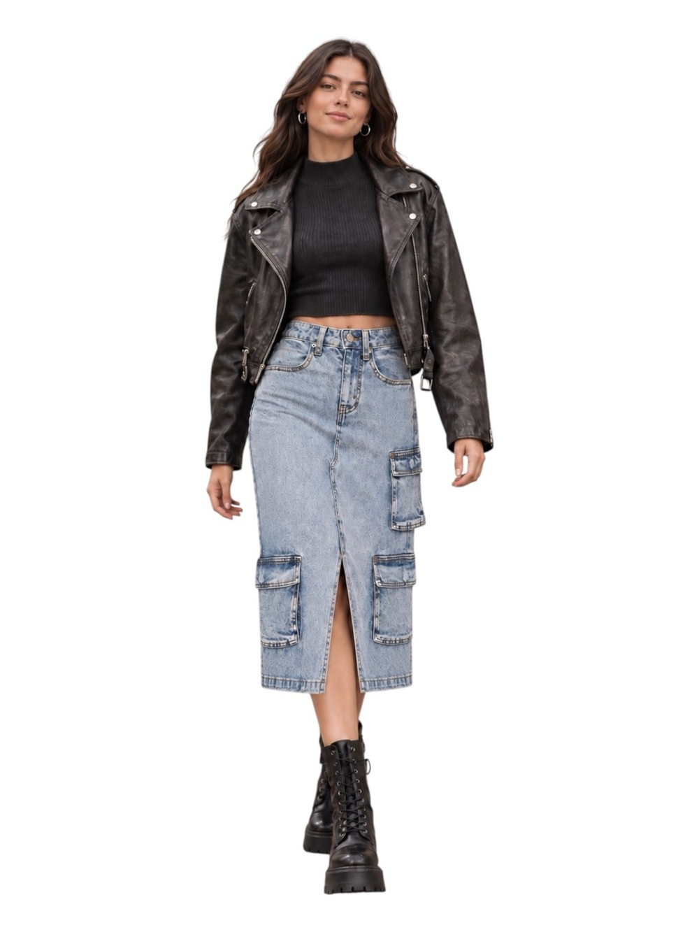 Y2K Light Acid Wash Cargo Denim Midi Skirt | Utility Grunge Front Slit